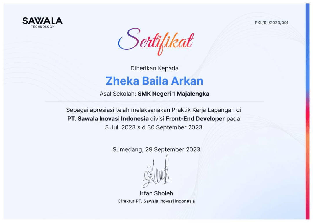 Sertifikat Magang di PT. Sawala Image